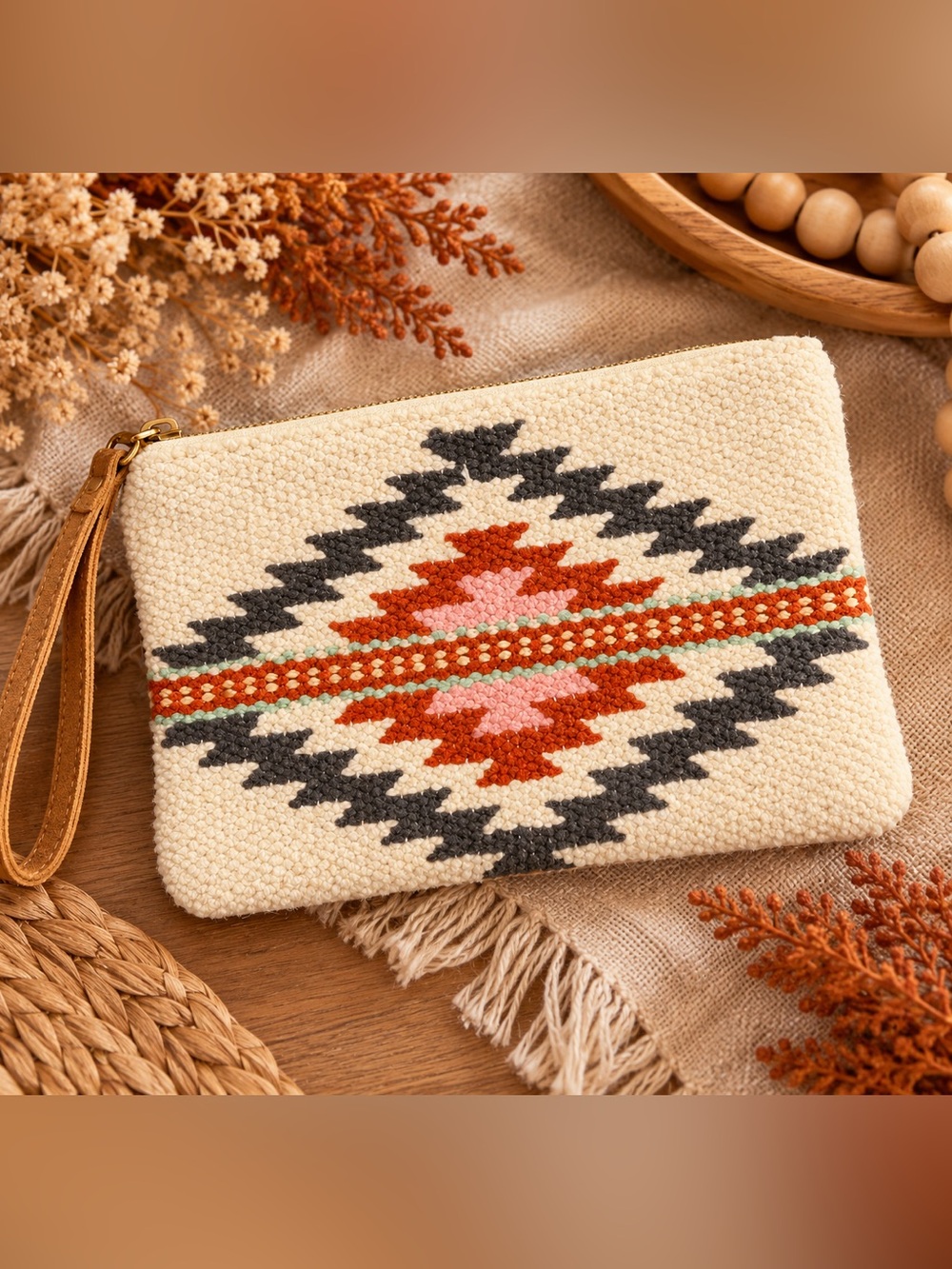 NWT Panache Boho Southwestern Woven Wristlet Clutch | Cream 7.5x5